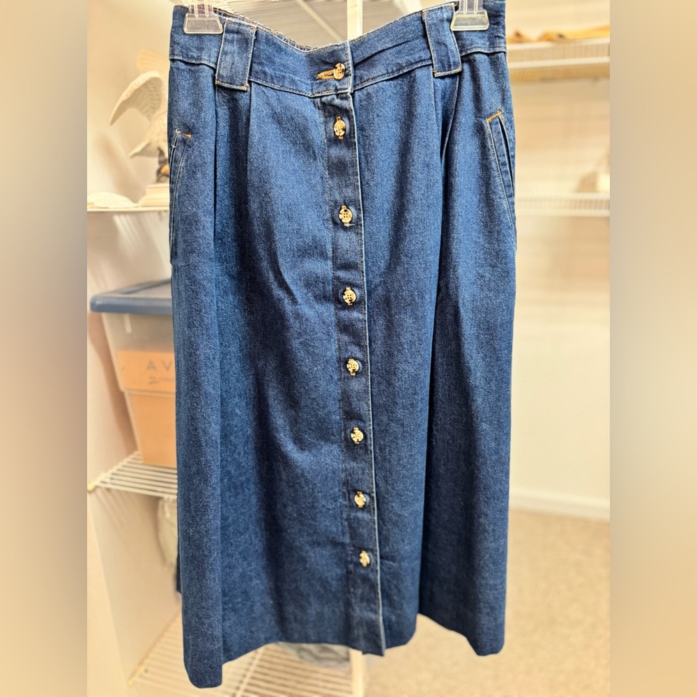 VTG Classic Button Front Denim Skirt 12 Medium Wash elastic waist